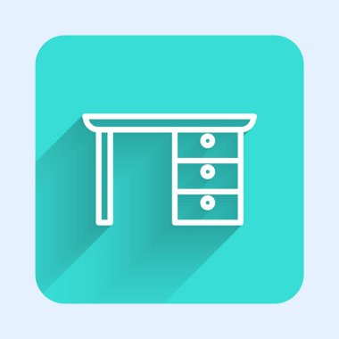 Beyaz çizgi ofis masa simgesi uzun gölge arkaplan izole. Yeşil kare düğmesi. Vektör.