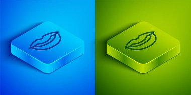 Mavi ve yeşil arkaplanda izole edilmiş gülen dudaklar ikonu. Gülümse. Kare düğmesi. Vektör.