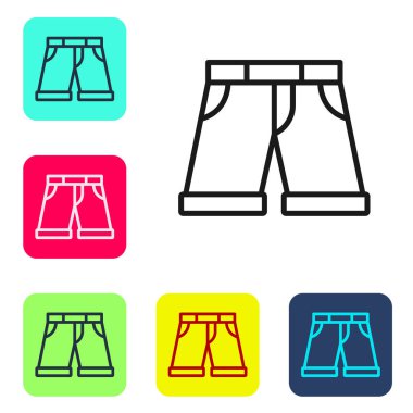 Siyah çizgi kısa veya pantolon simgesi beyaz arkaplanda izole edildi. Renkli kare düğmelerle simgeleri ayarla. Vektör.