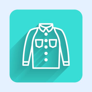 Beyaz çizgi tişört ikonu uzun gölge arkaplan izole. Tişört. Yeşil kare düğmesi. Vektör.