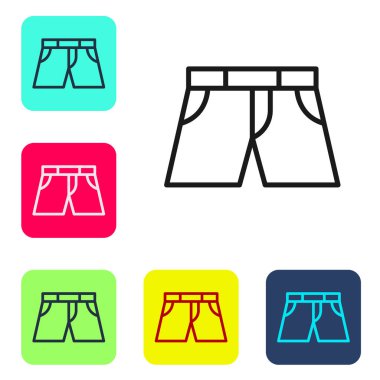Siyah çizgi kısa veya pantolon simgesi beyaz arkaplanda izole edildi. Renkli kare düğmelerle simgeleri ayarla. Vektör.