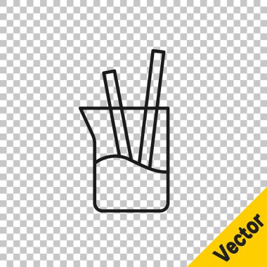 Siyah çizgi laboratuvar cam süslemesi ya da şeffaf arkaplanda izole edilmiş beher ikonu. Vektör.