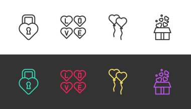 Aşk Balonları 'nın formunu ve siyah beyaz kalplerin olduğu hediye kutusunu kalp şeklinde ayarla. Vektör.