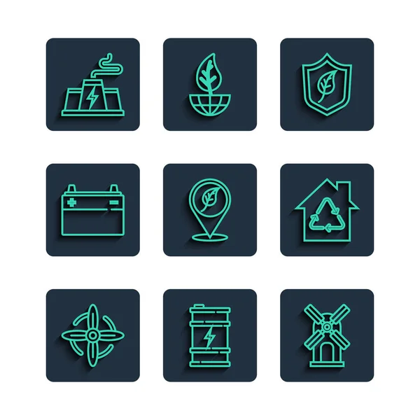 stock vector Set line Wind turbine Bio fuel barrel Shield with leaf Location Car battery Power station plant factory and Eco House recycling icon. Vector.