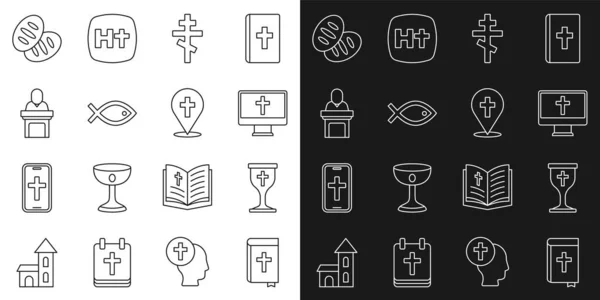 Définir Ligne Livre Bible Sainte Croix Calice Chrétienne Sur Moniteur — Image vectorielle