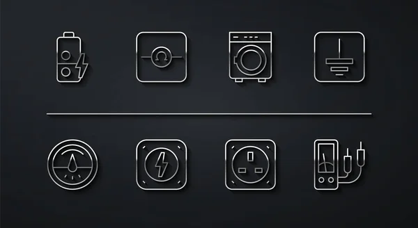 Set Line Batterijlading Elektrische Meter Elektrisch Symbool Grondaansluiting Bliksemschicht Ohmmeter — Stockvector