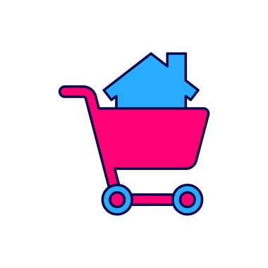 Filled outline Shopping cart with house icon isolated on white background. Buy house concept. Home loan concept, rent, buying a property. Vector.