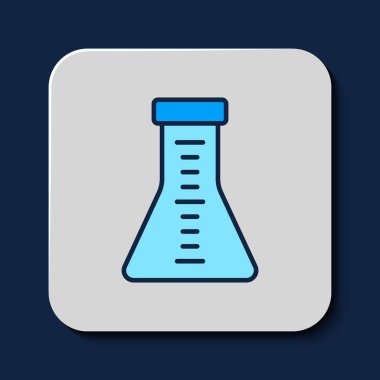 Filled outline Test tube and flask chemical laboratory test icon isolated on blue background. Laboratory glassware sign. Vector.