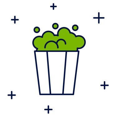 Beyaz arka planda izole edilmiş karton kutu simgesiyle doldurulmuş patlamış mısır. Patlamış mısır kutusu. Vektör.