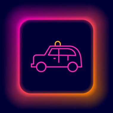 Parlayan neon hat taksi ikonu siyah arka planda izole edildi. Renkli taslak konsepti. Vektör.
