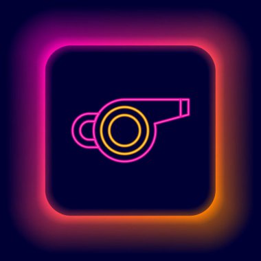 Parlayan neon hattı Whistle simgesi siyah arkaplanda izole edildi. Hakem sembolü. Spor ve spor burcu. Renkli taslak konsepti. Vektör.