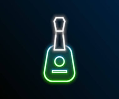 Parlayan neon hattı Gitar simgesi siyah arkaplanda izole edildi. Akustik gitar. Telli müzik aleti. Renkli taslak konsepti. Vektör.