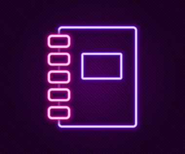 Parlayan neon çizgisi Not Defteri simgesi siyah arkaplanda izole edildi. Spiral not defteri simgesi. Okul defteri. Yazı tahtası. Okul günlüğü. Renkli taslak konsepti. Vektör.