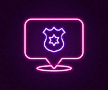 Parlayan neon hattı polis rozeti ikonu siyah arka planda izole edildi. Şerif rozeti. Renkli taslak konsepti. Vektör.