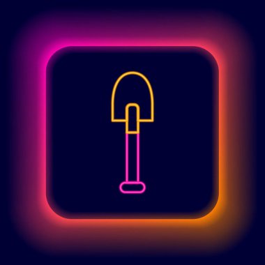 Parlayan neon hattı kürek simgesi siyah arkaplanda izole edildi. Bahçe aletleri. Bahçecilik, tarım, çiftçilik aleti. Renkli taslak konsepti. Vektör.