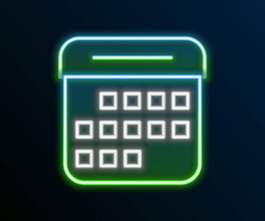 Parlayan neon çizgisi takvim simgesi siyah arkaplanda izole edildi. Olay hatırlatma sembolü. Renkli taslak konsepti. Vektör.