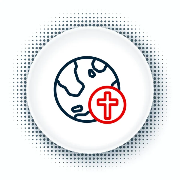 Lijn Christelijk Kruis Met Aardbol Pictogram Geïsoleerd Witte Achtergrond Wereldreligieuze — Stockvector