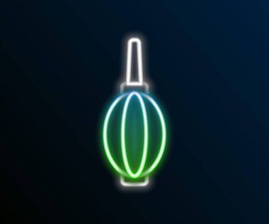 Parlayan neon hattı toz üfleyici simgesi siyah arkaplanda izole edildi. Hava temizleyici. Mercek temizleyicisi. Kamera sensörü temizliği. Renkli taslak konsepti. Vektör.