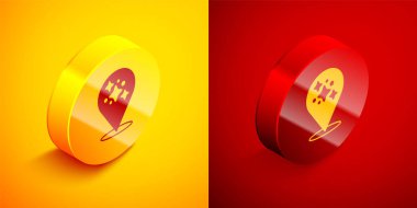 Isometric Home cleaning service concept icon isolated on orange and red background. Building and house. Circle button. Vector.