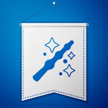 Mavi sihirli değnek ikonu mavi arkaplanda izole edildi. Yıldız şeklinde sihirli aksesuar. Sihirli güç. Mutlu Cadılar Bayramı Partisi. Beyaz flama şablonu. Vektör.