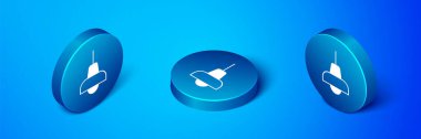 Isometric Lamp hanging icon isolated on blue background. Ceiling lamp light bulb. Blue circle button. Vector.