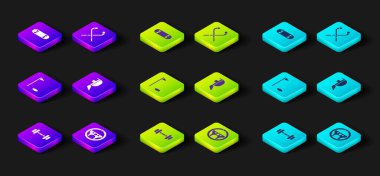 Dumbbell direksiyon golf bayrağını, miğfer maskesi buz hokeyi sopalarını ve kaykay numarası ikonunu hazırla. Vektör.