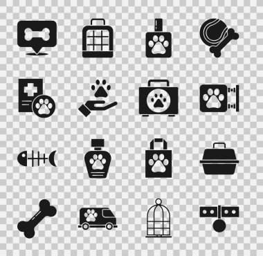 Yaka etiketli, Veterinerlik kliniği şampuanı, hayvanların ayak izi kliniği, köpek kemiği ve ilk yardım çantası ikonu. Vektör.