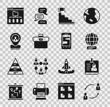 İnsan Kaynakları Kimlik Kartını bitiş bayrağı İşçi konumu Tarayıcı dosyaları ve Sohbet mesajı telefon simgesi ile dünya çapında merdiven olarak ayarla. Vektör.