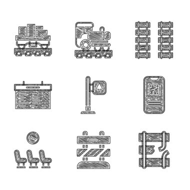 E-bilet treni bekleme odası tren istasyonu demiryolu ve yük vagonu ikonu ikonunda kırık raylar üzerinde trafik levhası yerleştirin. Vektör.