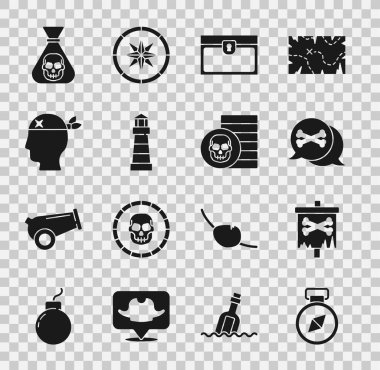 Pusula Korsan Bayrağı Konumu Korsan Antika hazine sandığı Deniz feneri kaptanı sikkesi ve ikonu kur. Vektör.