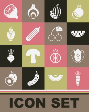 Havuç, lahana, karpuz taze salatalık, mısır, limon ve kiraz ikonu. Vektör.