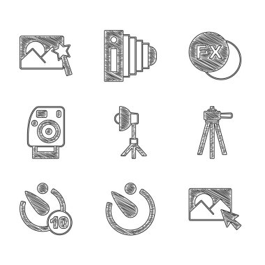 Softbox light kamera zamanlayıcısını Tripod kamera fx ve simgesine rötuş yapan fotoğrafa ayarla. Vektör.