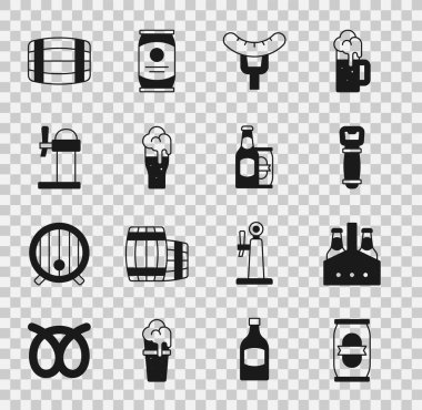 Bira kutusu bira şişesi açacağı paketini çatallı cam şeker kutusu tahta fıçısına ve ikona yerleştir. Vektör.