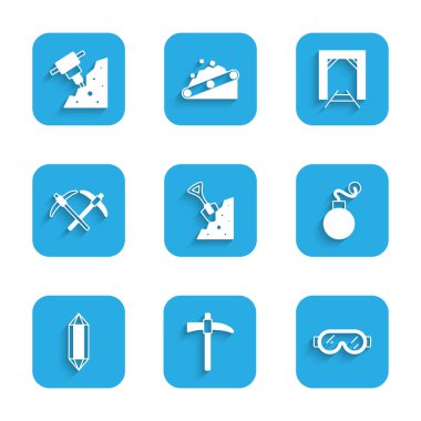 Kürek ve taş kazma güvenlik gözlükleri bomba madeni girişi ve inşaat matkabı ikonu. Vektör.