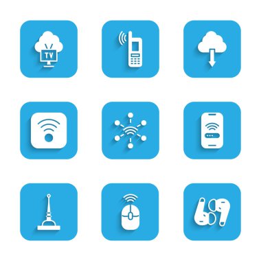 Ağ kablosuz bilgisayar faresi hava kulaklıklarını kablosuz kablosuz kablosuz kablosuz internet bulutu indirme ve Smart Tv simgesi ile ayarla. Vektör.
