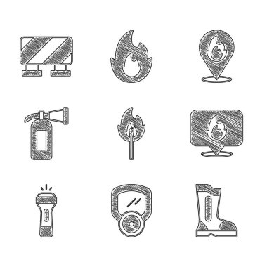 Yangın söndürme kibritini yangın maskesi yangın söndürücü konumu fener söndürücü ve yol bariyeri ikonu ile ayarla. Vektör.