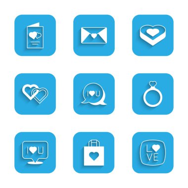 Konuşma baloncuğu metnini hazırla. Seni seviyorum. Aşk Alyansları, İki Bağlı Kalpli Şeker kutusu ve Sevgililer Günü broşürü. Vektör.