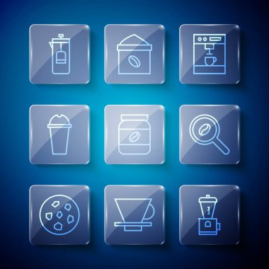 Kurabiye ya da bisküvi V60 kahve makinesi elektrikli kahve makinesi kavanozu Milkshake Fransız presi ve Selection fasülye ikonu. Vektör.