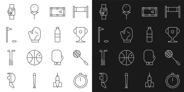 Stopwatch Tenis Ödülü bardağı bilardo masası bilardo masası beyzbol eldiveni akıllı kalp atış hızı ve bir şişe su ikonu gösteriyor. Vektör.