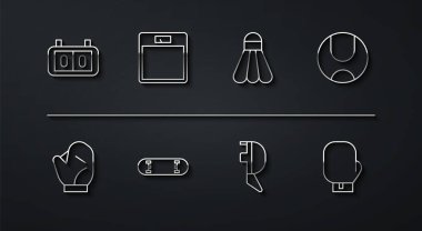 Sport mekanik skorbord beyzbol eldiveni Tenis Kask maskesi Kaykay numarası Banyo ölçekli boks ve Badminton mekik siki ikonu. Vektör.