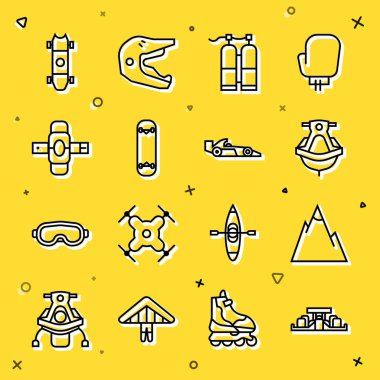 Formula 1 yarış arabası Dağları Jet ski Aqualung Kaykay hilesi dizlik Uzuntahta kaykay ve ikon. Vektör.