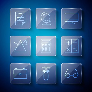 Satır Okul Sırt Çantası Makas Gözlük Bilgisayar monitörü prizma Sınav kağıdındaki ışık ışınlarını yanlış cevaplar ve simgeyle ayarla. Vektör.