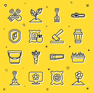 Dikdörtgen bir bahçe lambasında Çiçek Taze Çimleri dizin Elma 'yı yaprak küreği ve tahta balta ikonu ile çuval kalkanı tırmıkla. Vektör.