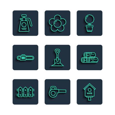 Bahçe çiti ahşap çitleri, Yaprak Bahçesi üfleyici, saksıdaki Kuş Evi Çiçeği, gübre ve ahşap kütük ikonu için yer testeresi spreyi. Vektör.