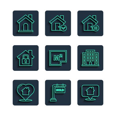 Korunma ve simge altında, Satılmış Ev Satıldı tabelası ile Ev Hattı 'nı ayarlayın. Vektör.