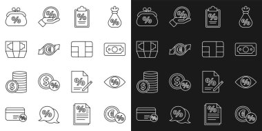 Yüzde Göz Yığını, kağıt para, para, finans, mali büyüme ve avro cüzdan ve kredi kartı çip ikonu ile çizgi para ayarlayın. Vektör.