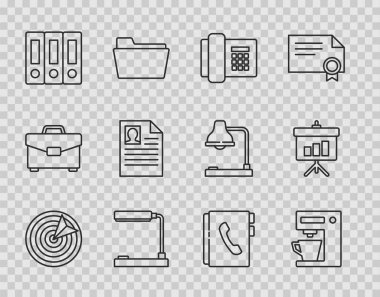 Hedef Satır: Spor Kahve Makinesi Telefon Masası Lamba Ofisi dizinleri Adres Defteri ve diyagram simgesiyle Süsleme Tahtası. Vektör.