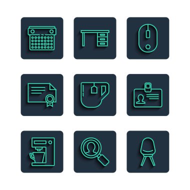 Arama çalışanları için çizgi kahve makinesi büyüteç. Ofis koltuğu, fareli çay fincanı çay poşeti, takvim ve kimlik kartı ikonu. Vektör.