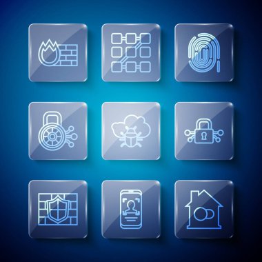 Hat kalkanını tuğla duvar mobiliyle ayarla ve akıllı parmak izi sistemi böcek sistemi siber güvenlik güvenlik duvarını ve simgesini tanımla. Vektör.