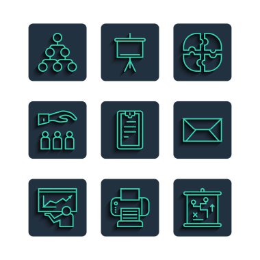 Satır Eğitimi Sunumu Yazıcı Planlama Strateji Konsepti Yapboz Panosu Parçası Kontrol Listesi çalışanı Hiyerarşi organizogram şeması ve Envelope simgesi ile birlikte. Vektör.